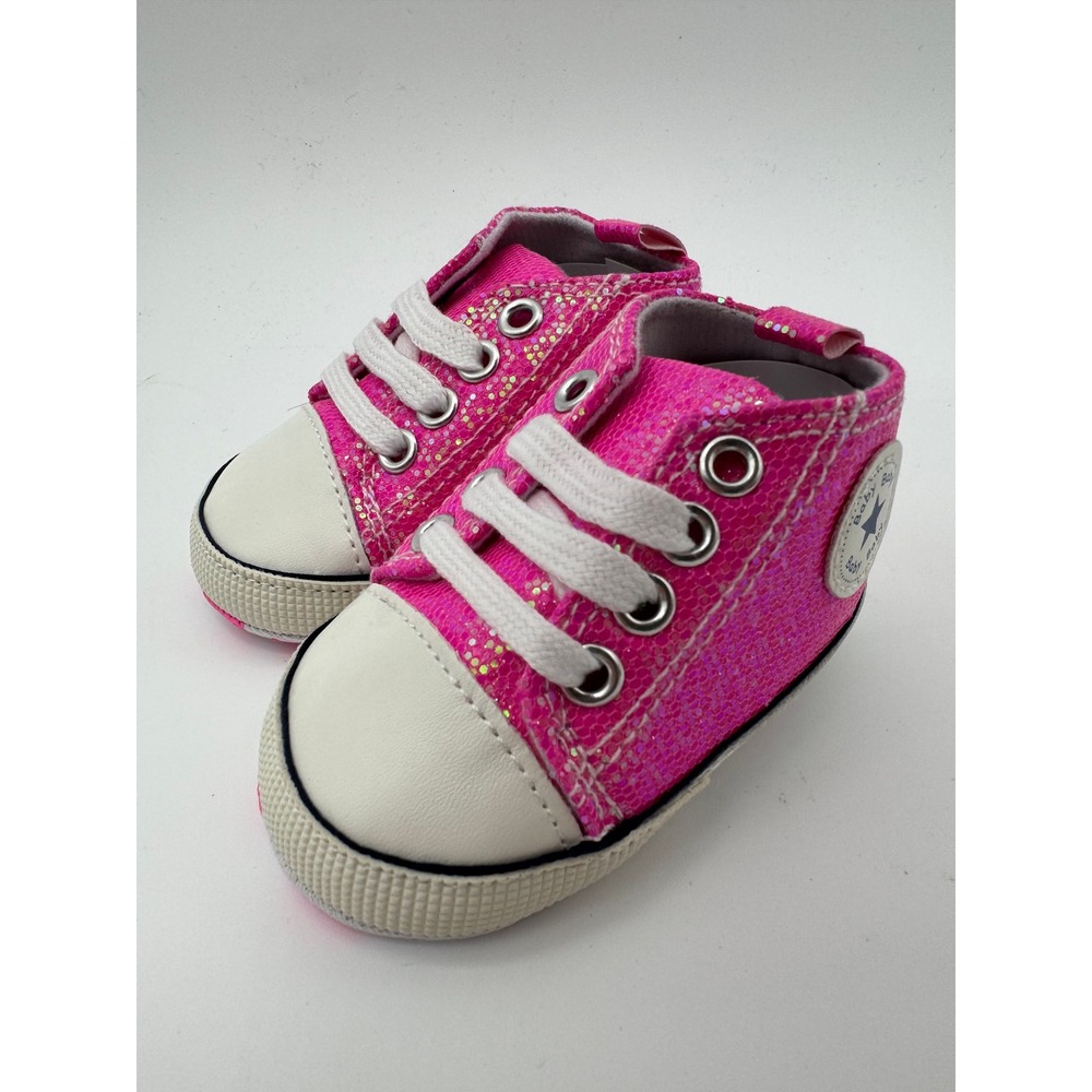 Baby Sneakers Size 3-4 Pink Glitter High Top Lace Up Infant Shoes